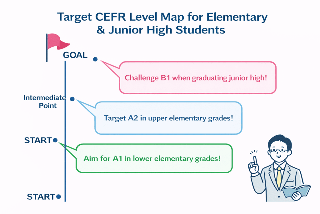 What level should elementary and junior high school students achieve? Age-specific goals based on the CEFR
