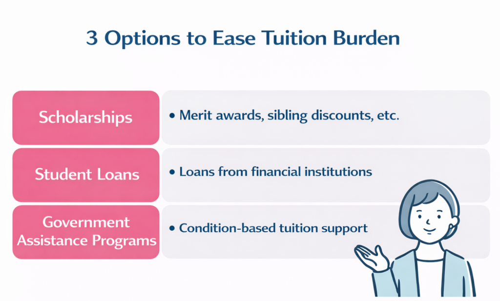 Three ways to reduce the burden of tuition fees: scholarships, student loans, and government support programs