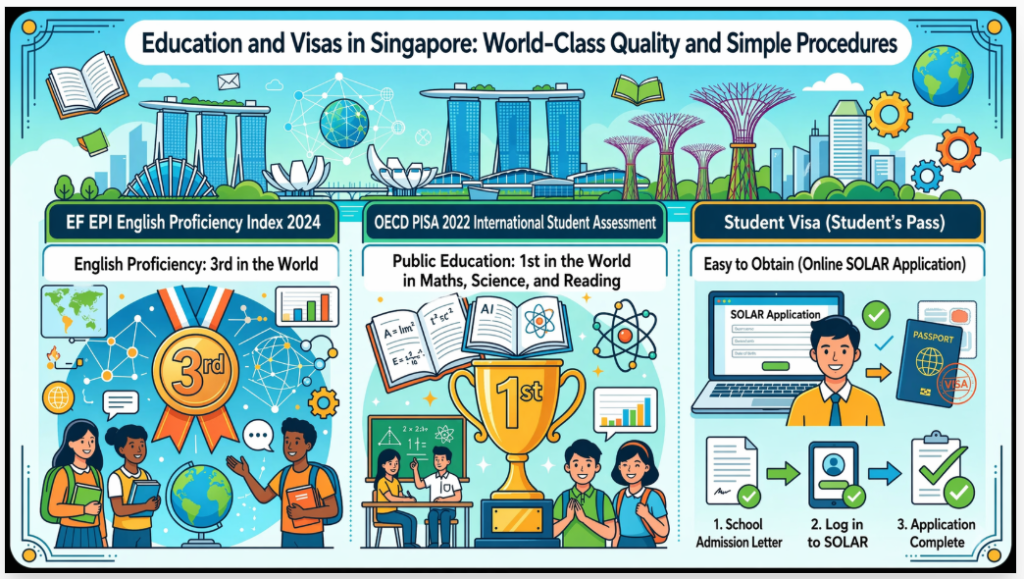 What are the rankings for English language education and the ease of obtaining a student visa?